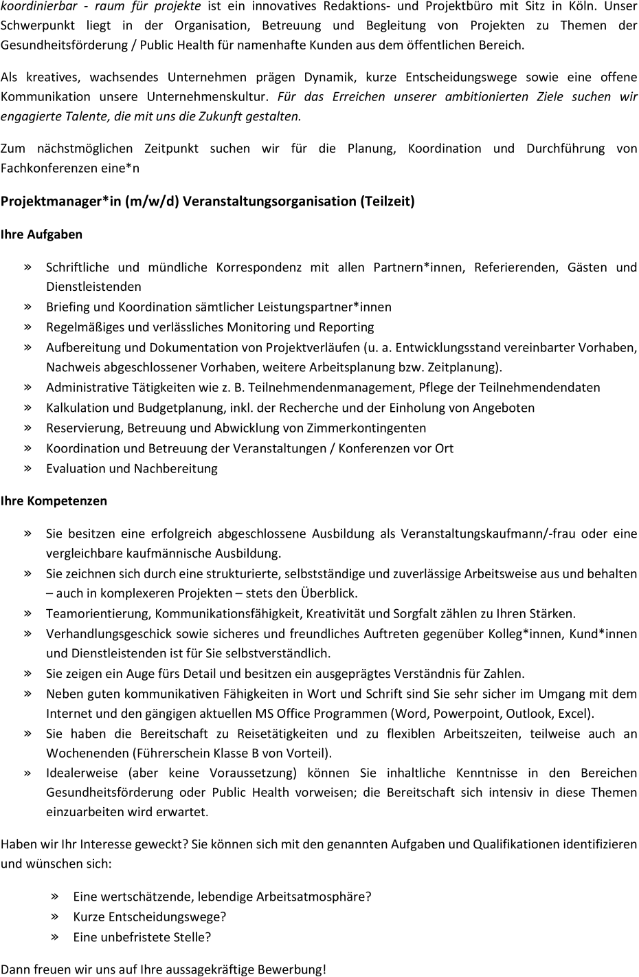 Projektmanager*in (m/w/d) Veranstaltungsorganisation (Teilzeit)