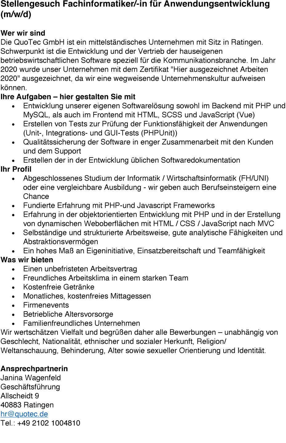 Fachinformatiker/-in für Anwendungsentwicklung (m/w/d)
