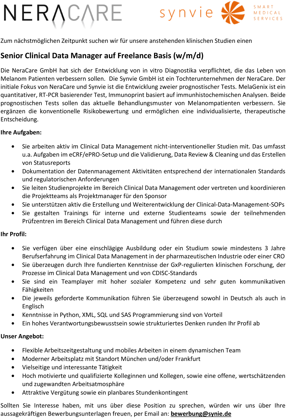 Senior Clinical Data Manager auf Freelance Basis (w/m/d)