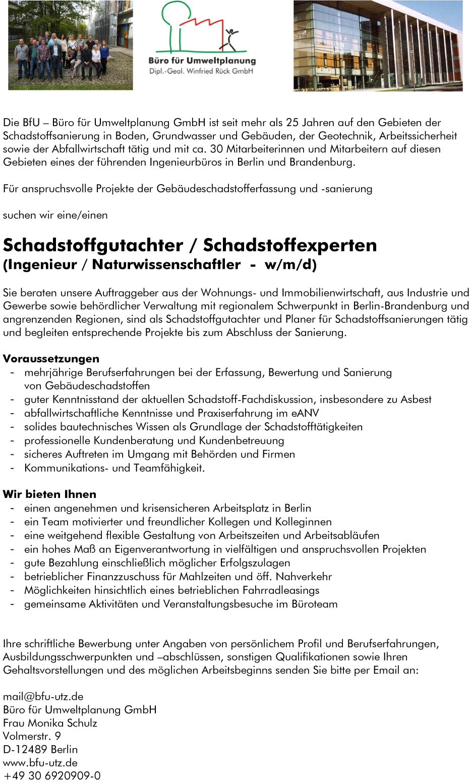 Schadstoffgutachter / Schadstoffexperte (Ingenieur/Naturwissenschaftler - w/m/d)