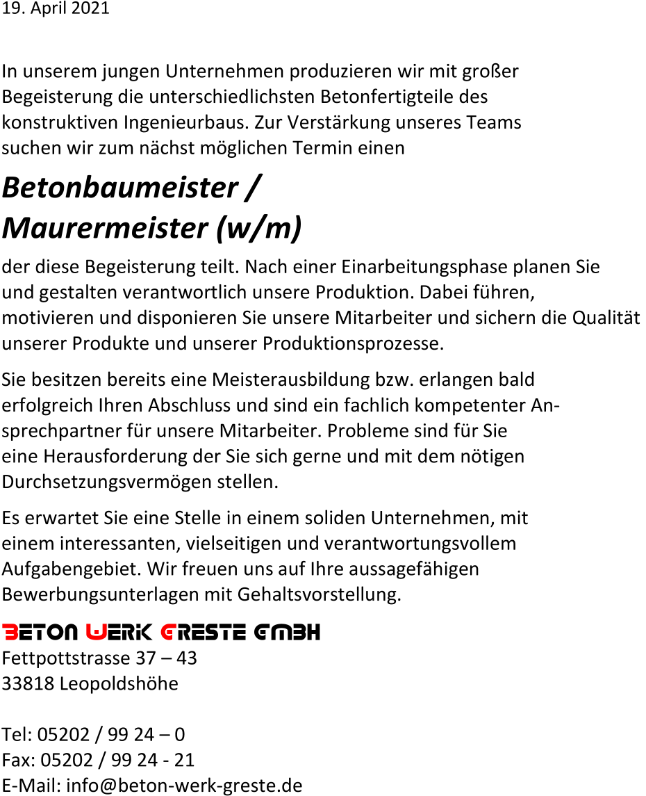 Betonbaumeister/ Maurermeister für Produktion M/W/D