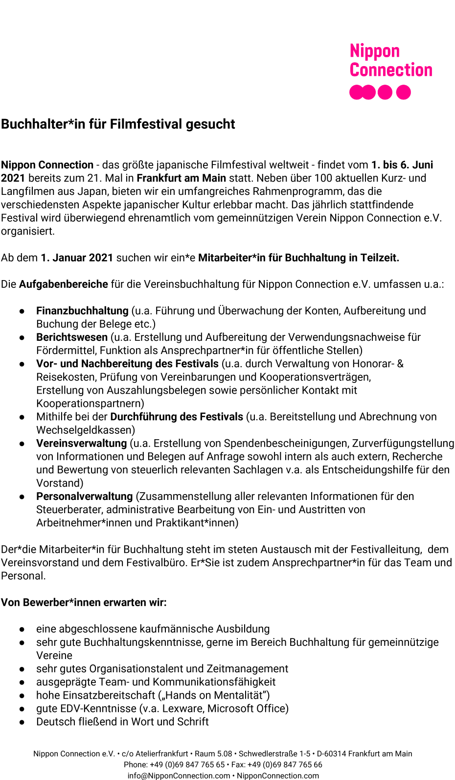 Buchhalter*in für Filmfestival gesucht