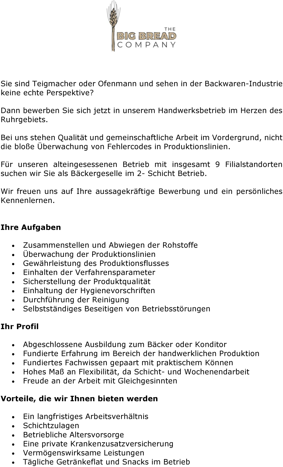 Bäcker oder Konditor m/w/d in Vollzeit