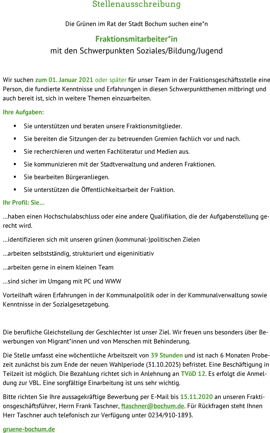 Fraktionsmitarbeiter*in mit den Schwerpunkten Soziales / Bildung / Jugend