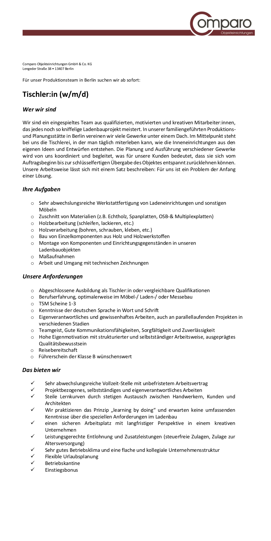 Tischler:in (w/m/d)