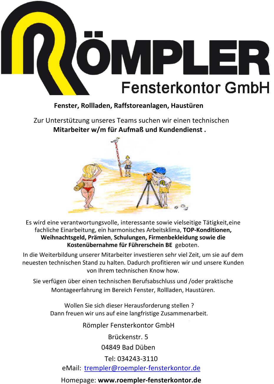 Techniker für Aufmaß und Kundendienst w/m für Fenster, Rollladen, Türen
