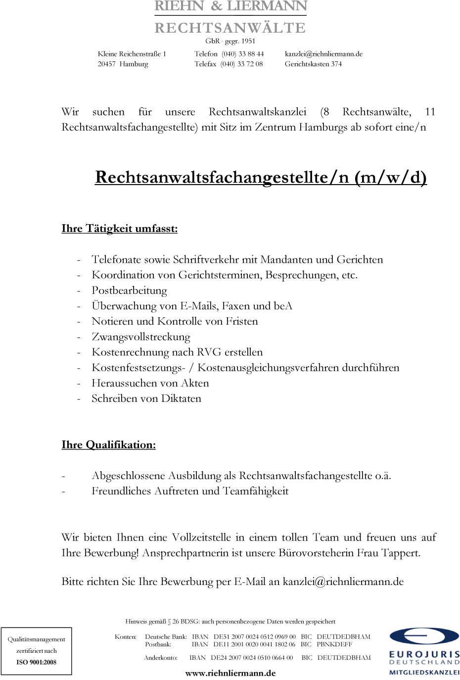 Rechtsanwaltsfachangestellte/r (m/w/d) in Hamburg gesucht