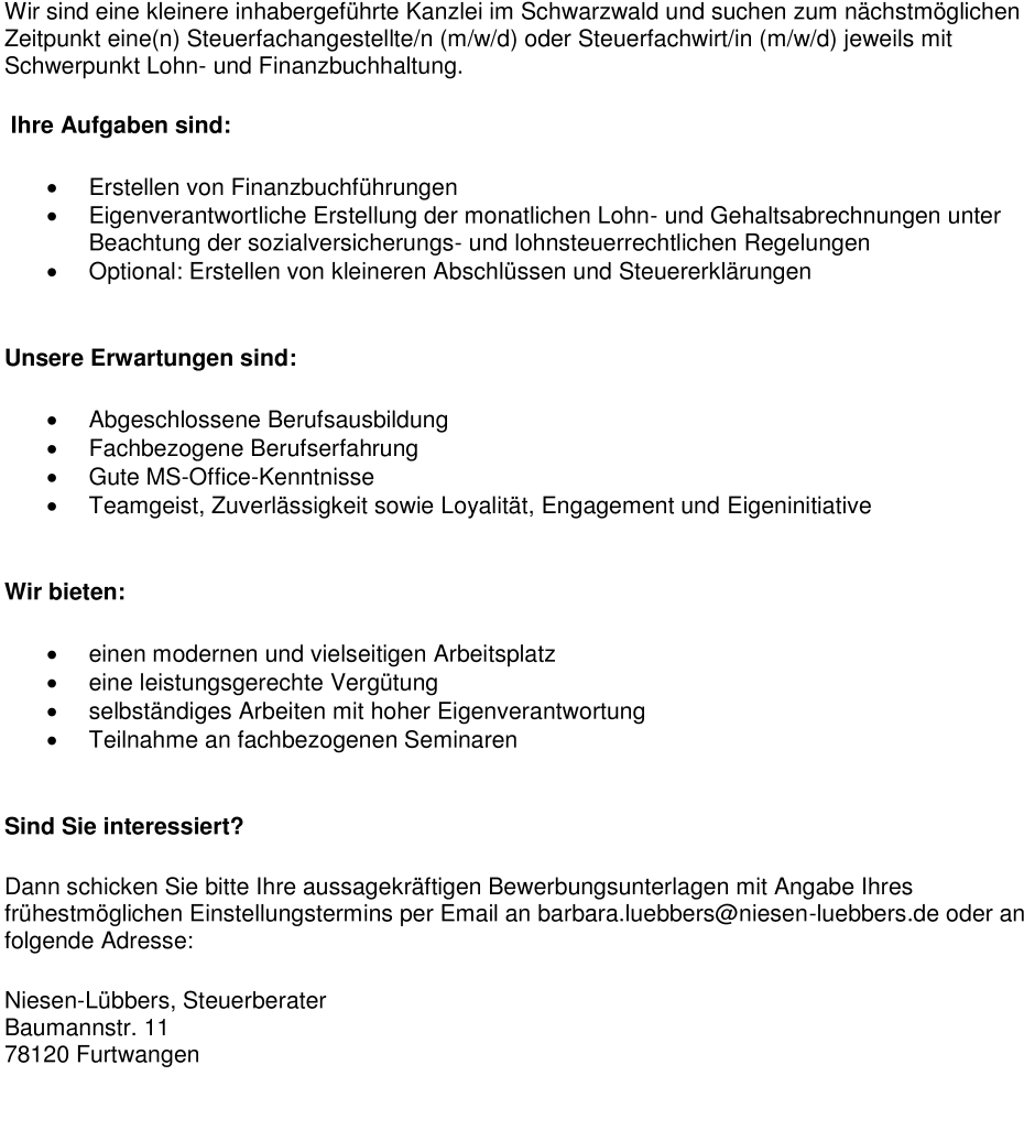 Steuerfachangestellte/r (m/w/d) mit Schwerpunkt Lohn- und Finanzbuchhaltung oder Finanzbuchhalter/in