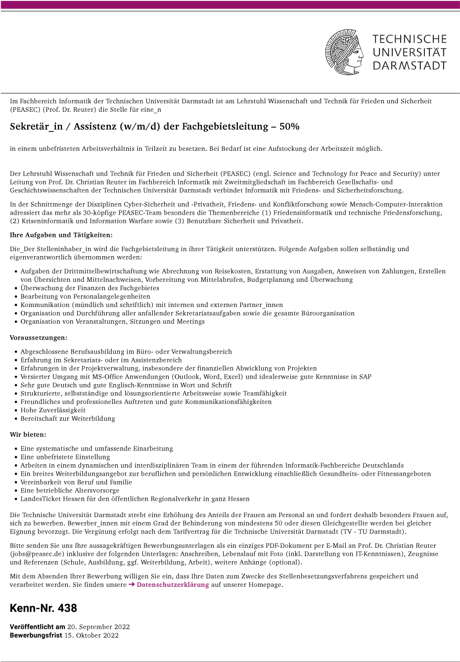 Sekretär / Sekretärin / Assistenz (w/m/d) der Fachgebietsleitung – 50%
