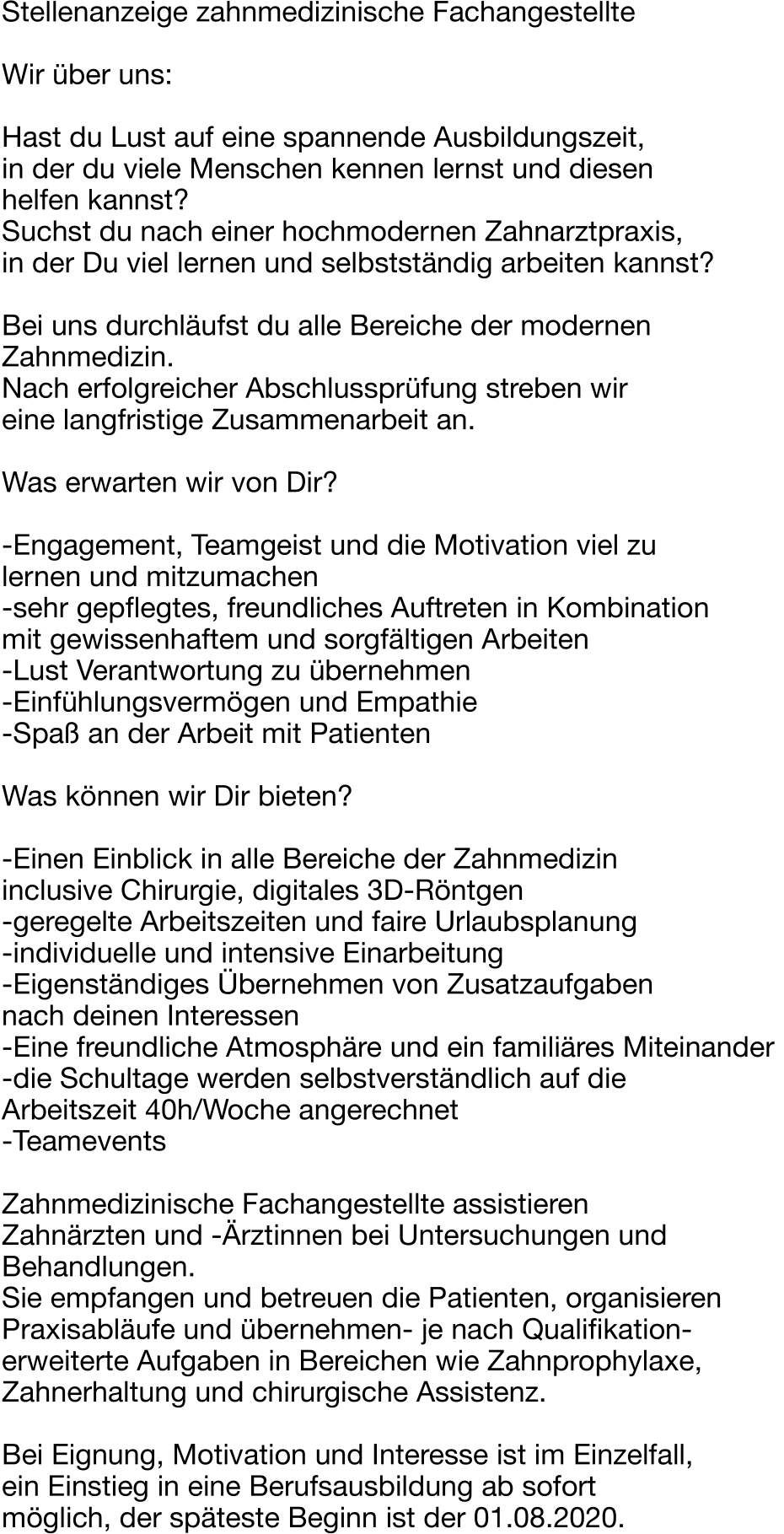ZFA- Duale Ausbildung-Zahnmedizinische Fachangestellte (m/w/d)