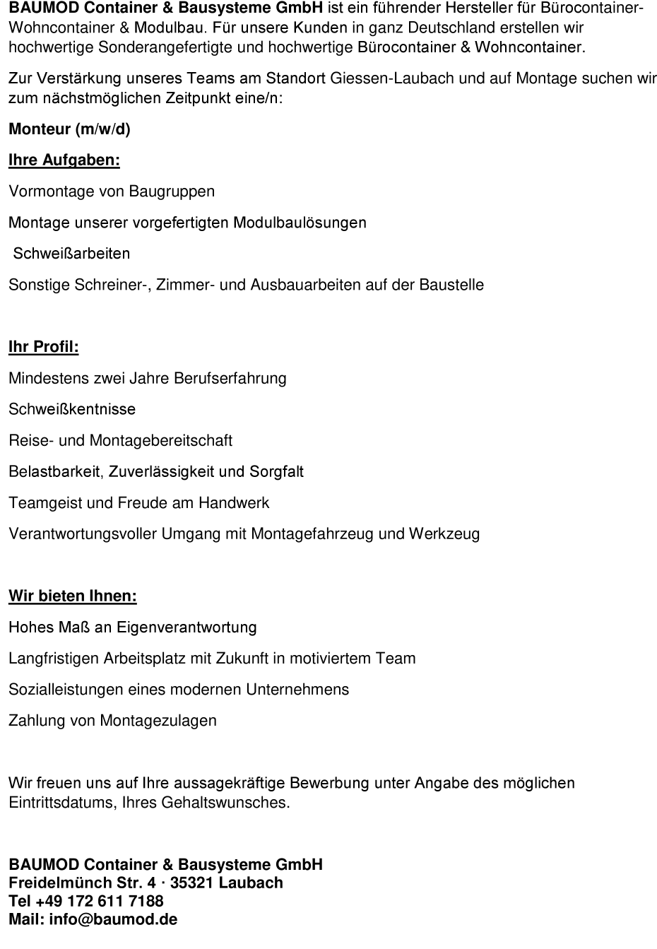 Monteur (m/w/d) in Bürocontainer Herstellung