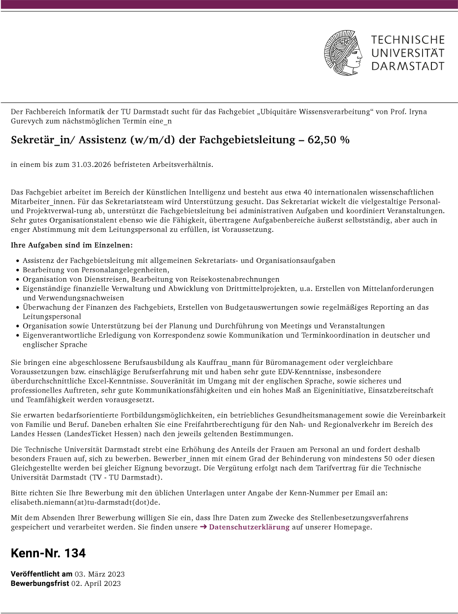 Sekretär_in/ Assistenz (w/m/d) der Fachgebietsleitung – 62,50 %