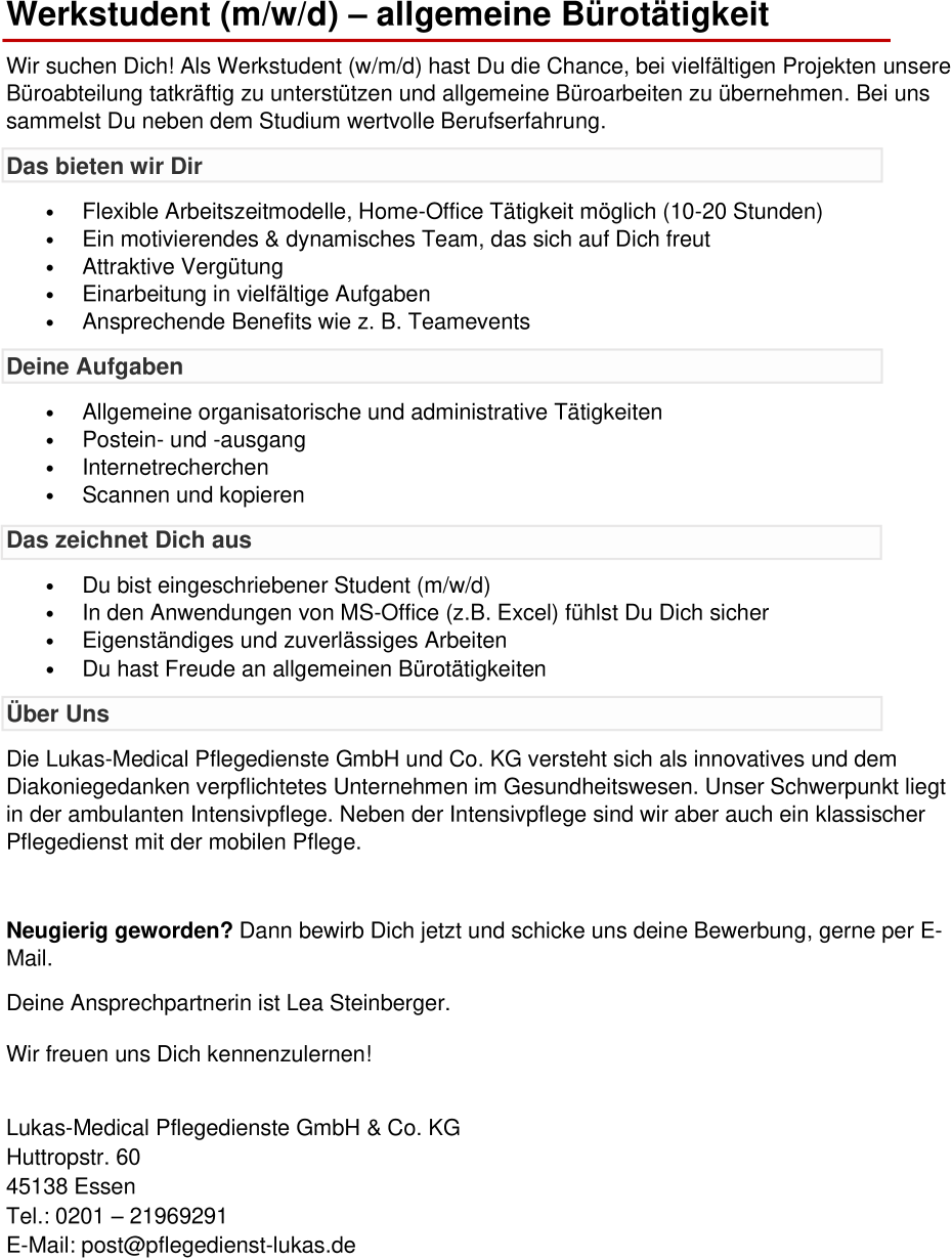 Werkstudent (m/w/d) – allgemeine Bürotätigkeit