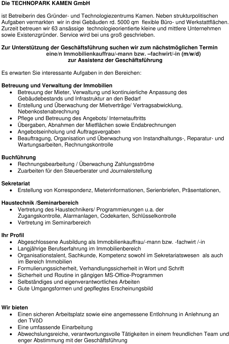 Immobilienkaufmann bzw. fachwirt (m/w/d) zur Assistenz der Geschäftsführung