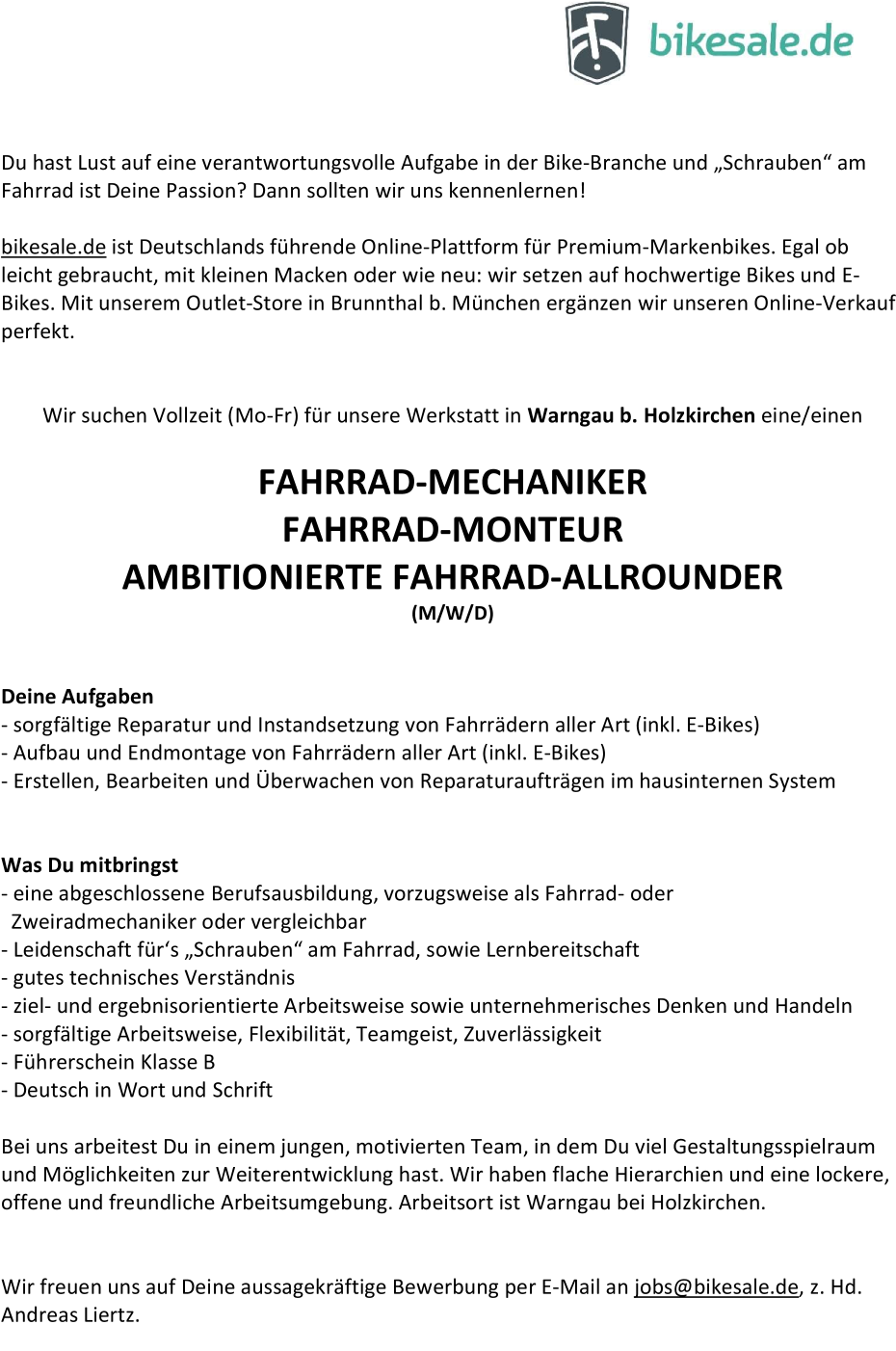 FAHRRAD-MECHANIKER / FAHRRAD-MONTEUR / AMBITIONIERTE FAHRRAD-ALLROUNDER (m/w/d)