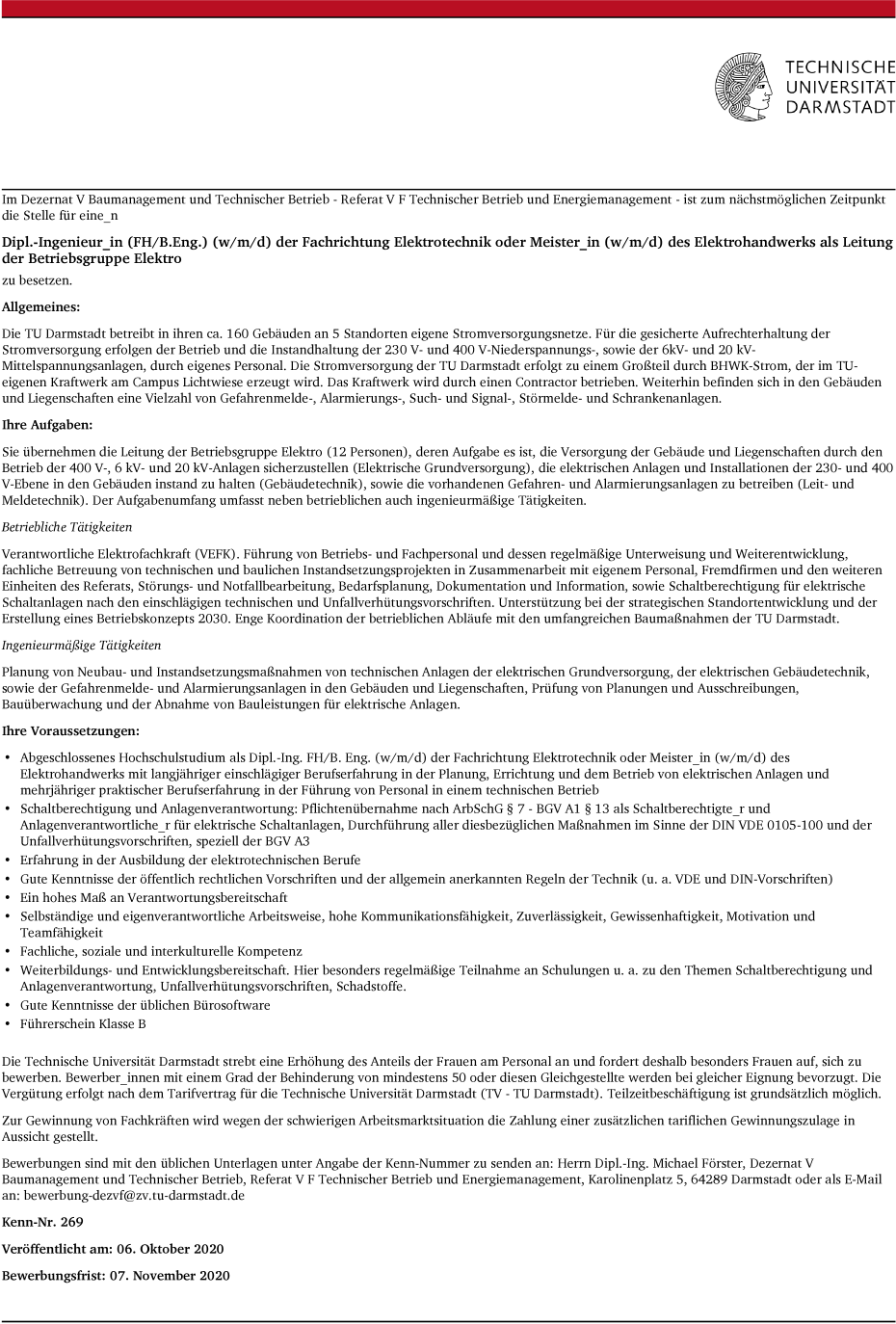 Dipl.-Ingenieur_in (w/m/d) der Fachrichtung Elektrotechnik o. Meister_in (w/m/d) des Elektrohandwerks als Leitung der Betriebsgruppe Elektro