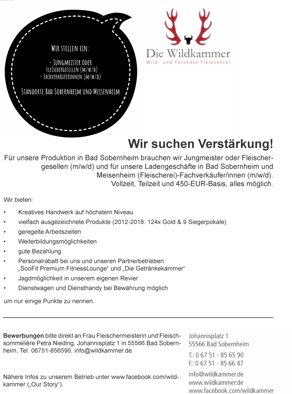 Fleischermeister, Fleischergesellen und Fleischereifachverkäuferinnen (m/w/d)