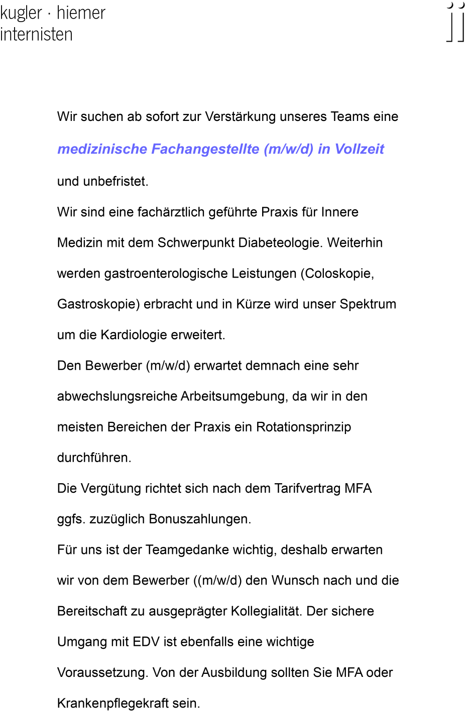 MFA in Vollzeit für internistische Facharztpraxis in Köln-Weiden gesucht