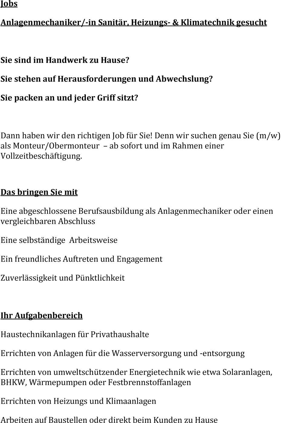 Monteur/in Heizung, Lüftung, Sanitär