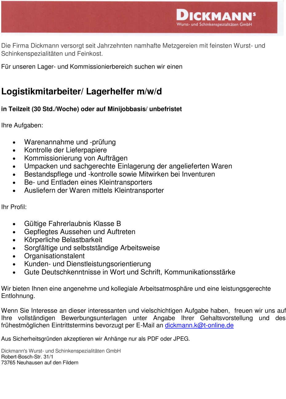 Logistikmitarbeiter/Lagerhelfer m/w/d