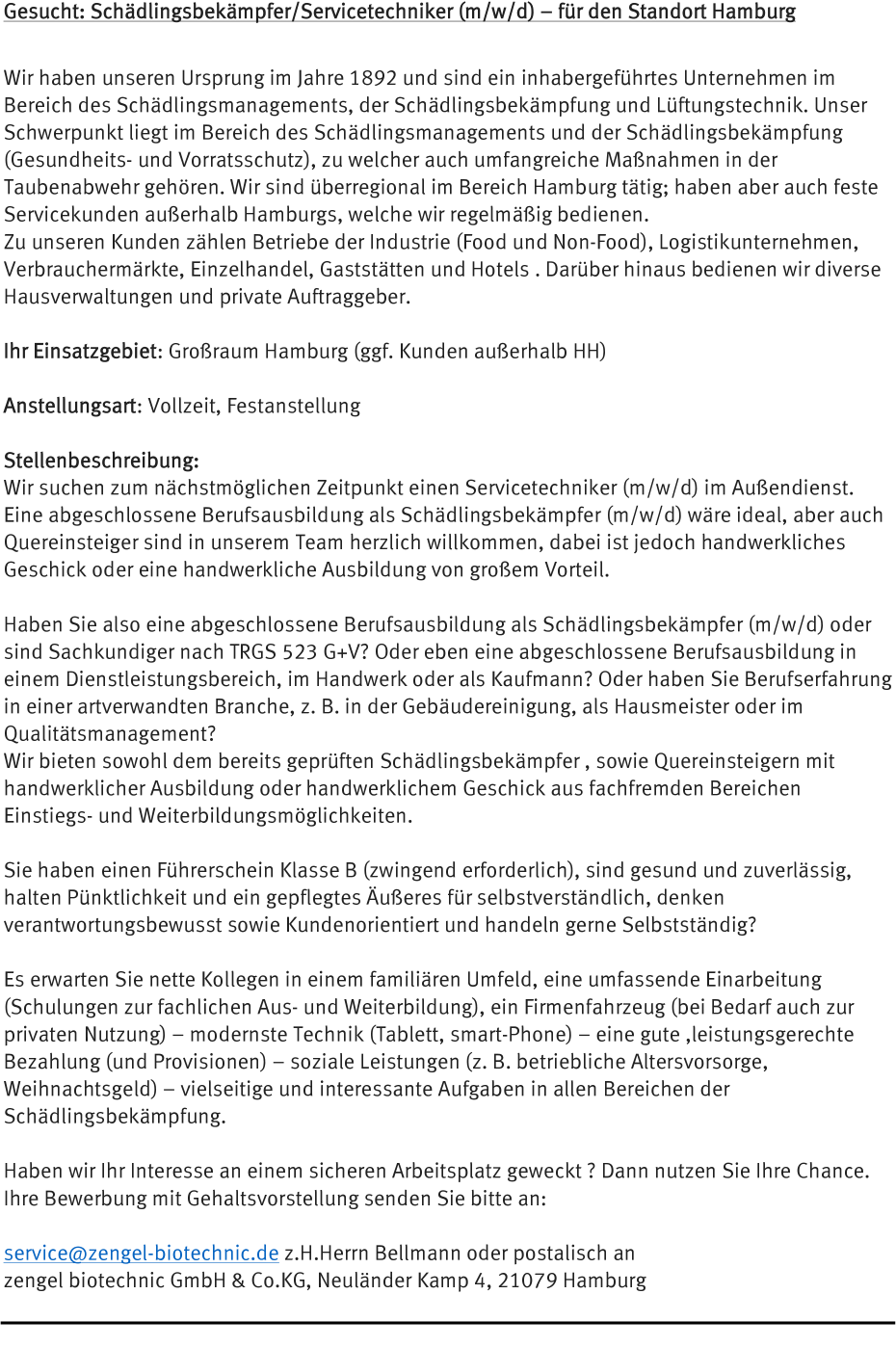 Gesucht: Schädlingsbekämpfer / Servicetechniker (m/w/d) – für den Standort Hamburg