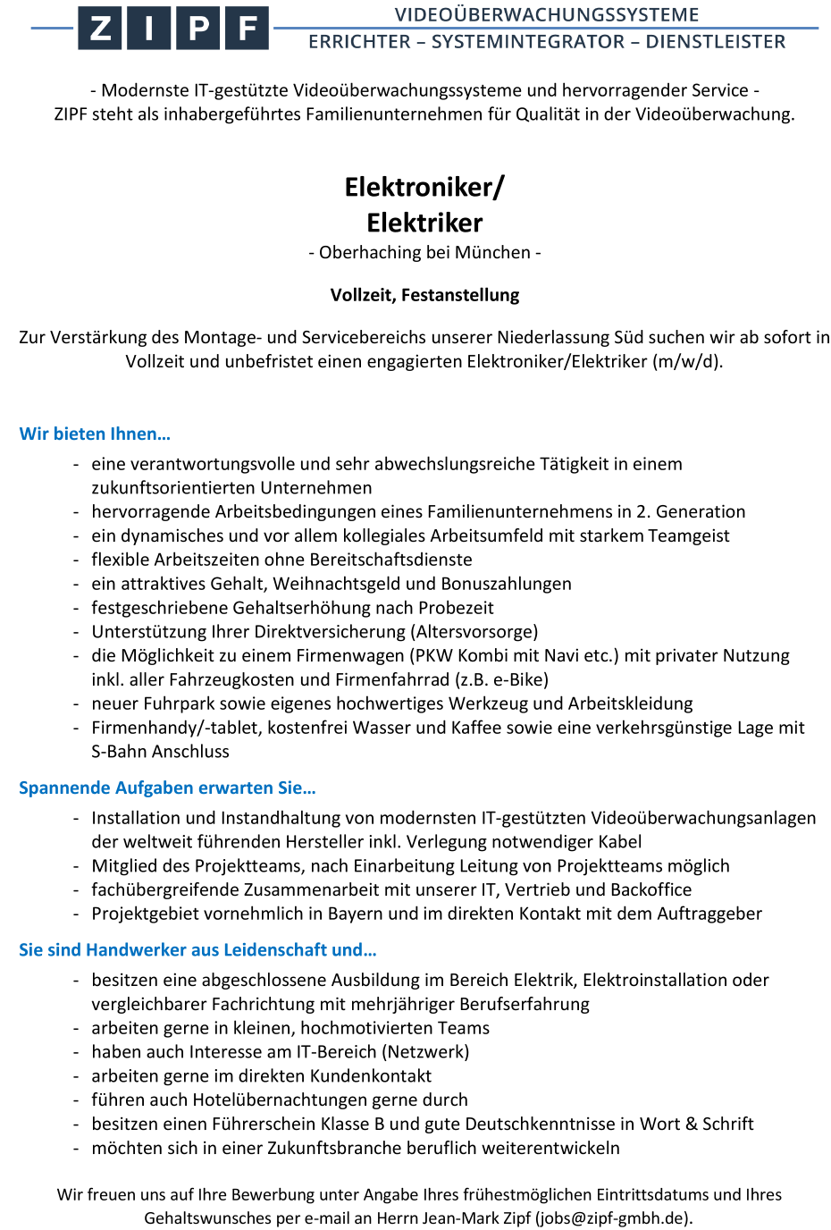 Elektroniker (m/w/d) für Installation und Instandhaltung von Videoüberwachungsanlagen