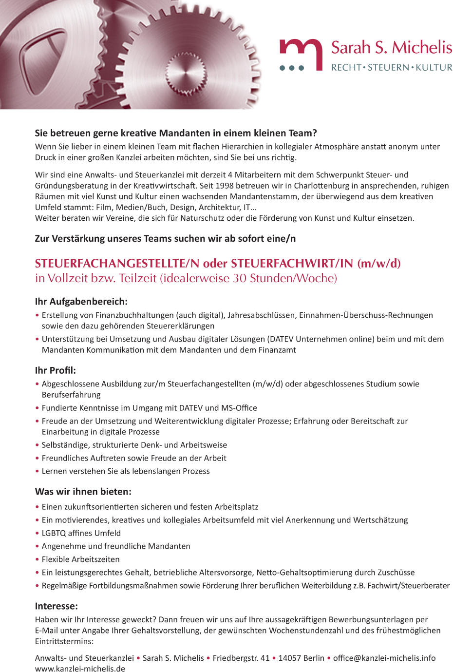 Steuerfachangestellte/n oder Steuerfachwirt/in (m/w/d)