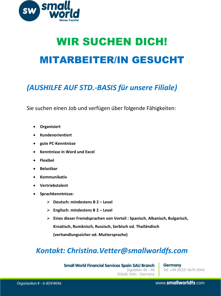 AUSHILFE/MINIJOB AUF STD.-BASIS - für unsere Filiale M/W/D