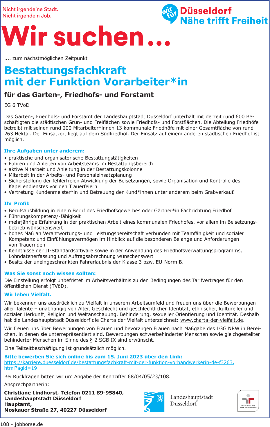 Bestattungsfachkraft mit der Funktion Vorarbeiter*in (m/w/d)