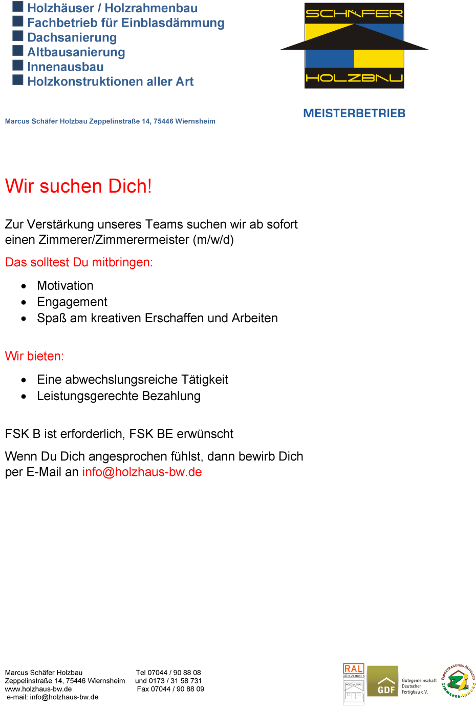 Zimmerer / Zimmerermeister (m/w/d)