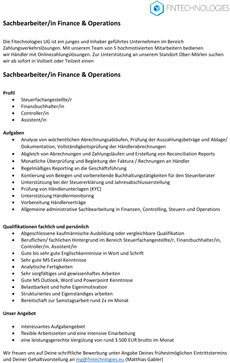 Sachbearbeiter/in Finance & Operations
