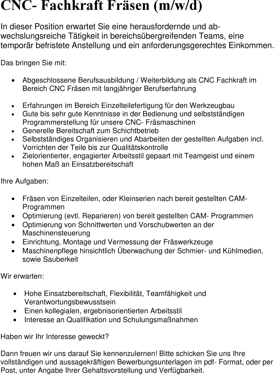 CNC Fräser / Tieflochbohrer M/W/D