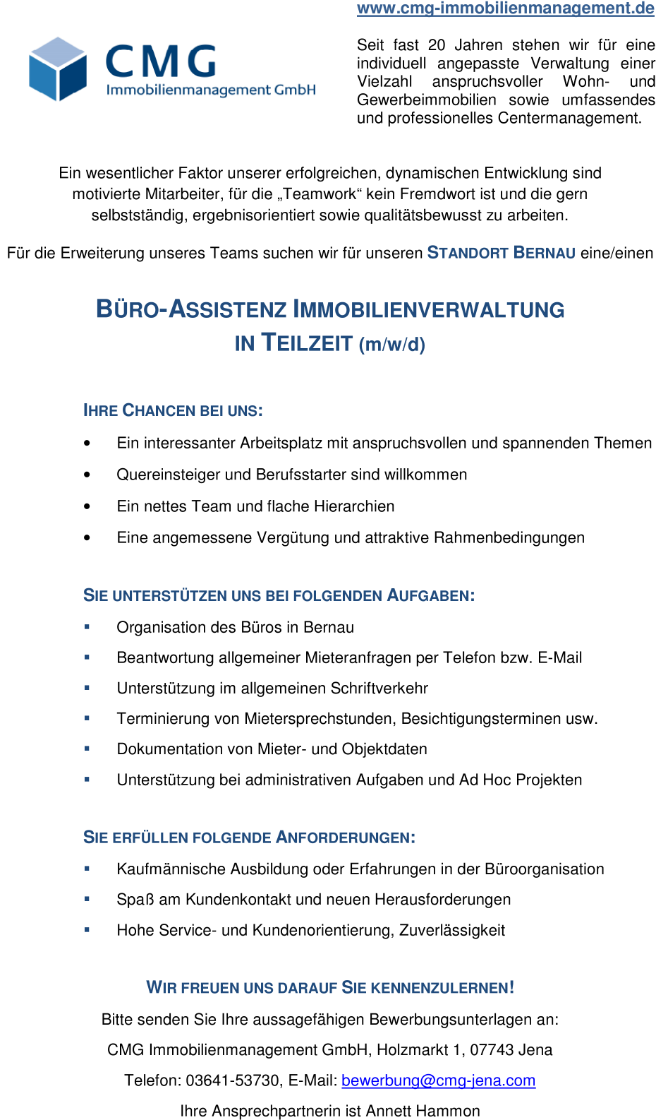Büro-Assistenz Immobilienverwaltung in Teilzeit (m/w/d)