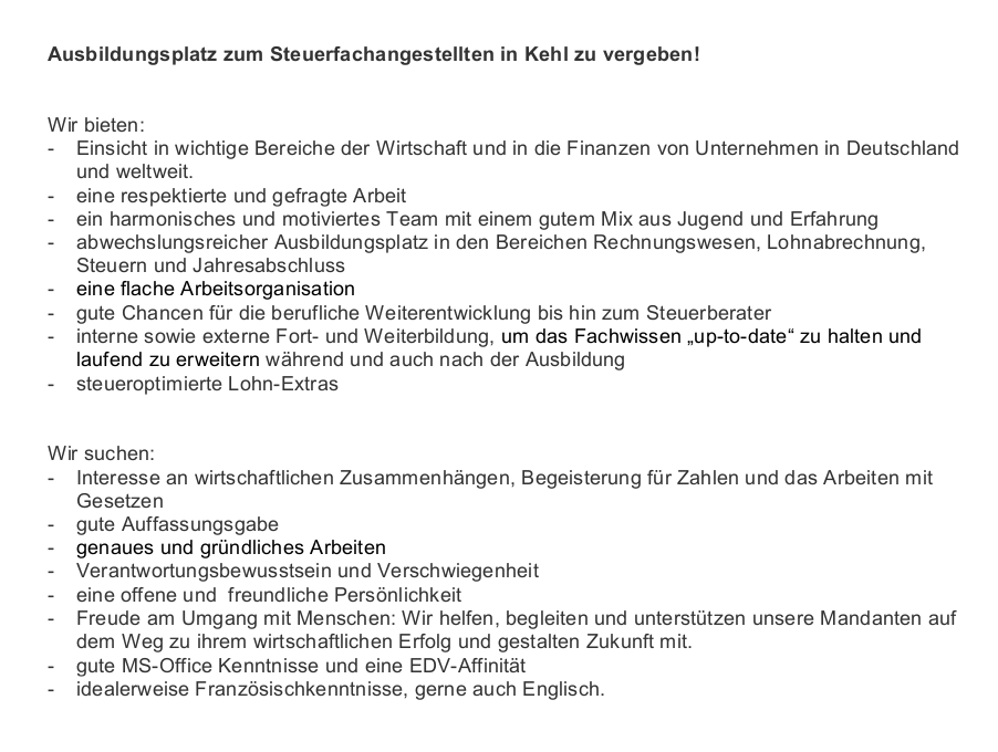Ausbildungsplatz zum Steuerfachangestellten (m/w/x) in Kehl
