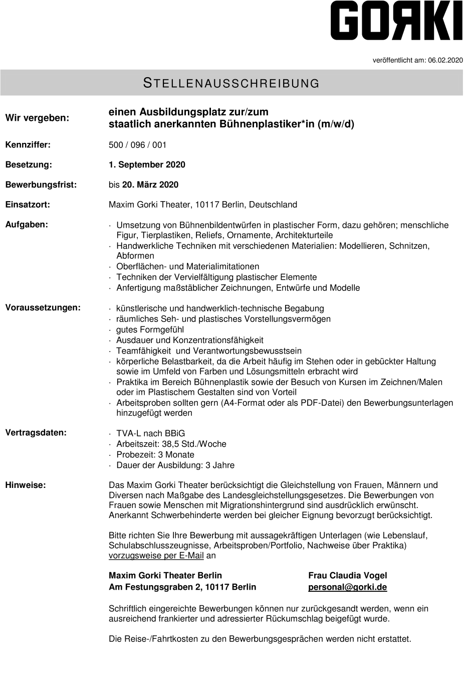 Ausbildung zur/zum staatlich anerkannten Bühnenplastiker*in (m/w/d)