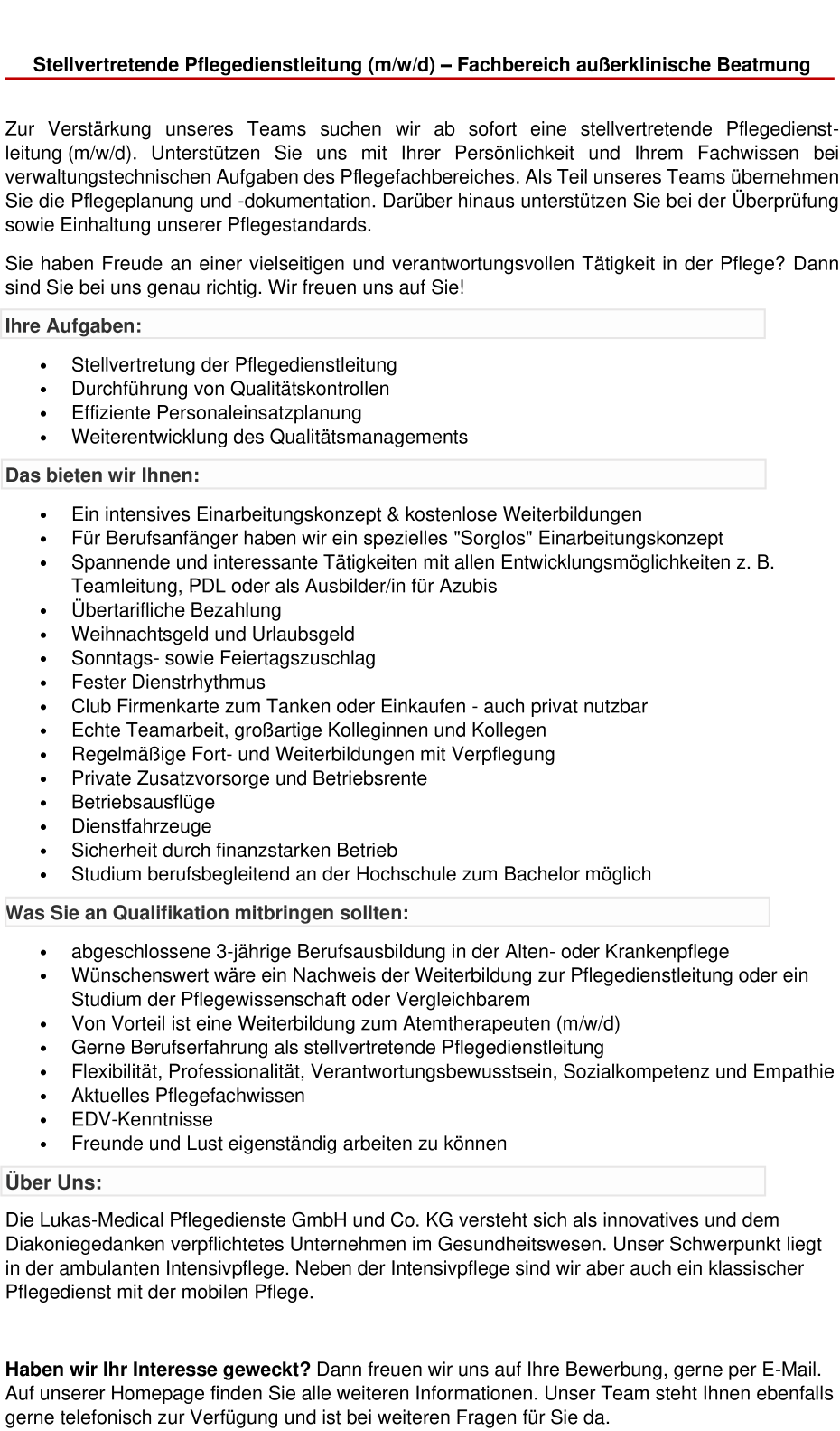 Stellvertretende Pflegedienstleitung (m/w/d) – Fachbereich außerklinische Beatmung