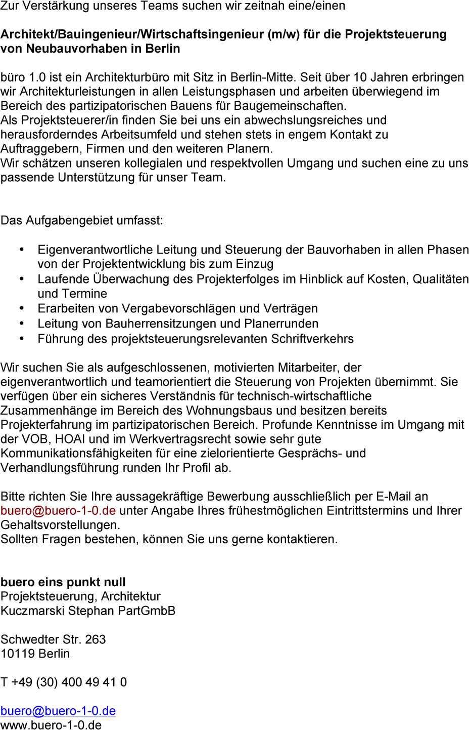 Architekt/Bauingenieur/Wirtschaftsingenieur (m/w/x) für die Projektsteuerung von Neubauvorhaben in Berlin