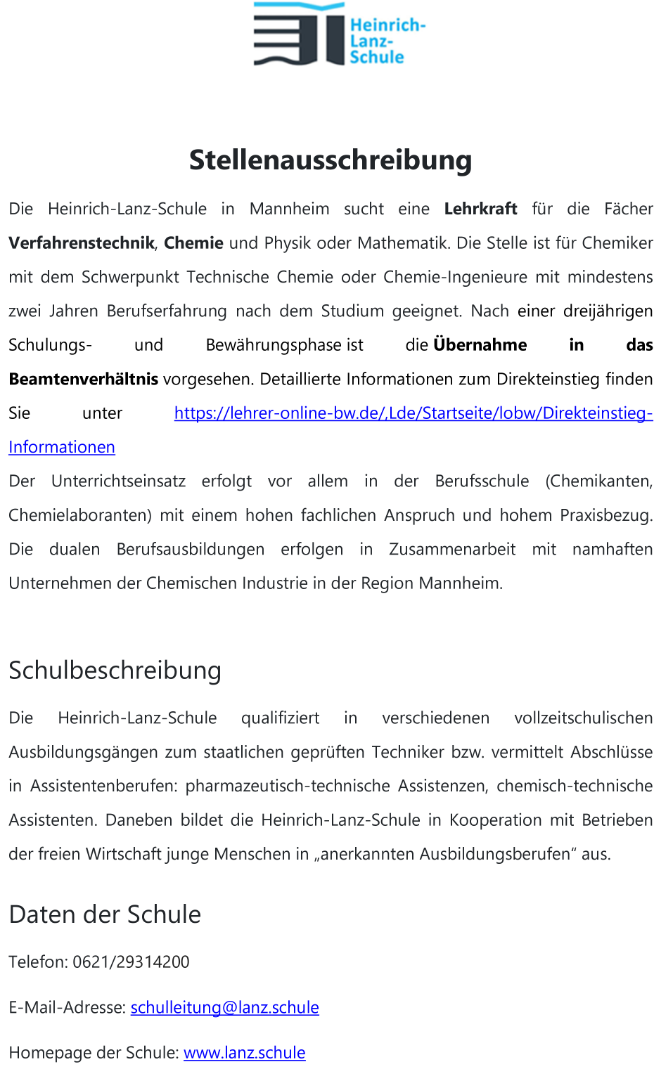 Lehrkraft für Verfahrenstechnik / Chemie