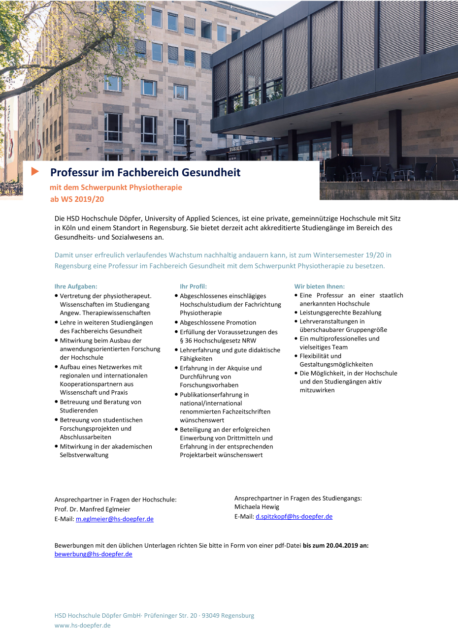 Professur im Fachbereich Gesundheit mit dem Schwerpunkt Physiotherapie ab WS 2019/20
