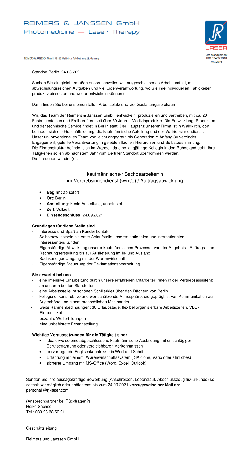 kaufmännische/r Sachbearbeiter/in im Vertriebsinnendienst (w/m/d) / Auftragsabwicklung