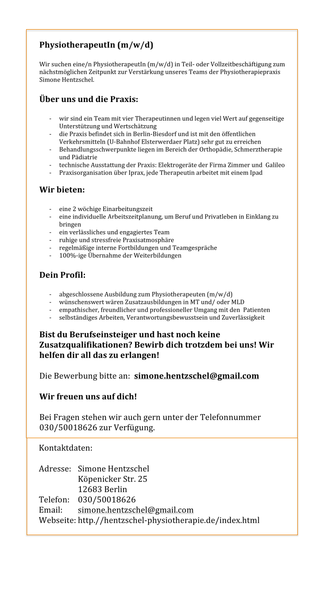 PhysiotherapeutIn (m/w/d) gesucht