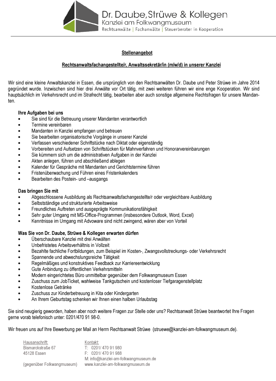 Rechtsanwaltsfachangestellte/r m/w/d ab sofort in Essen
