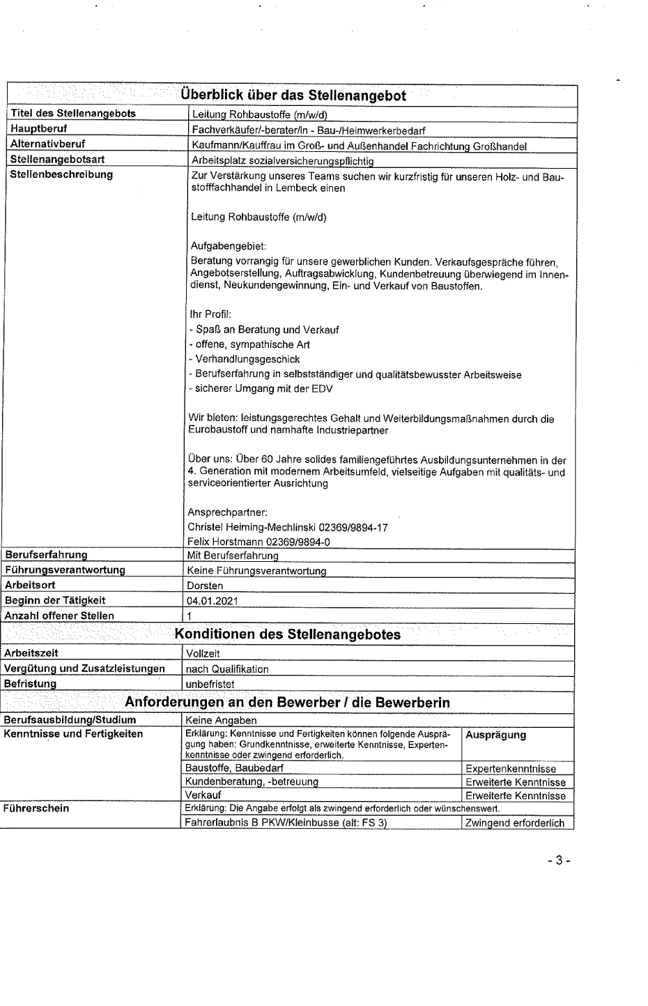 Verkaufsleitung Abteilung Rohbaustoffe vorrangig gewerbliche Kunden