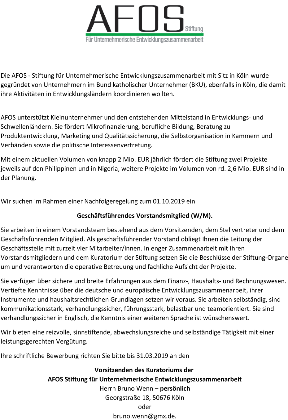 Geschäftsführendes Vorstandsmitglied AFOS-Stiftung (W/M/X)