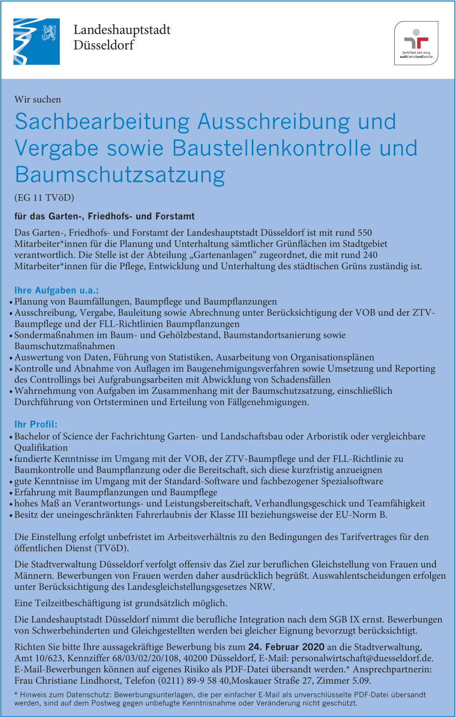 Sachbearbeitung Ausschreibung und Vergabe sowie Baustellenkontrolle und Baumschutzsatzung