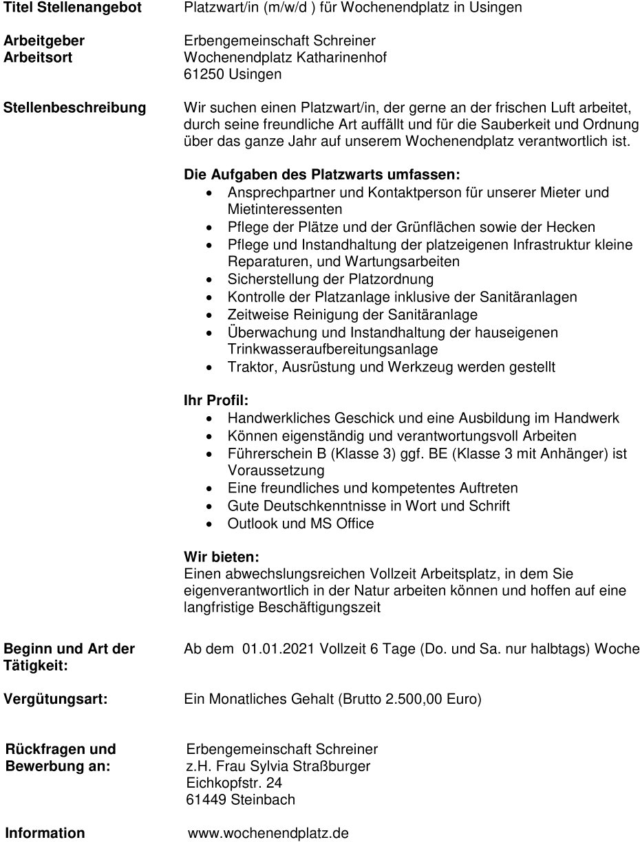 Suchen Platzwart/in (m/w/d ) für Wochenendplatz (Dauercampingplatz)