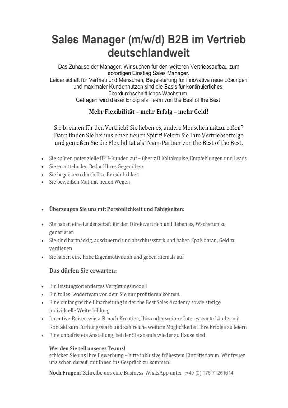 Sales Manager (m/w/d) B2B im Vertrieb deutschlandweit